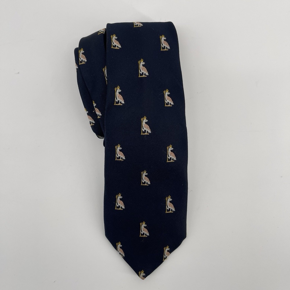 T.M. Lewin & Sons Pure Silk Tie Navy Blue Crowned Bird Pattern England